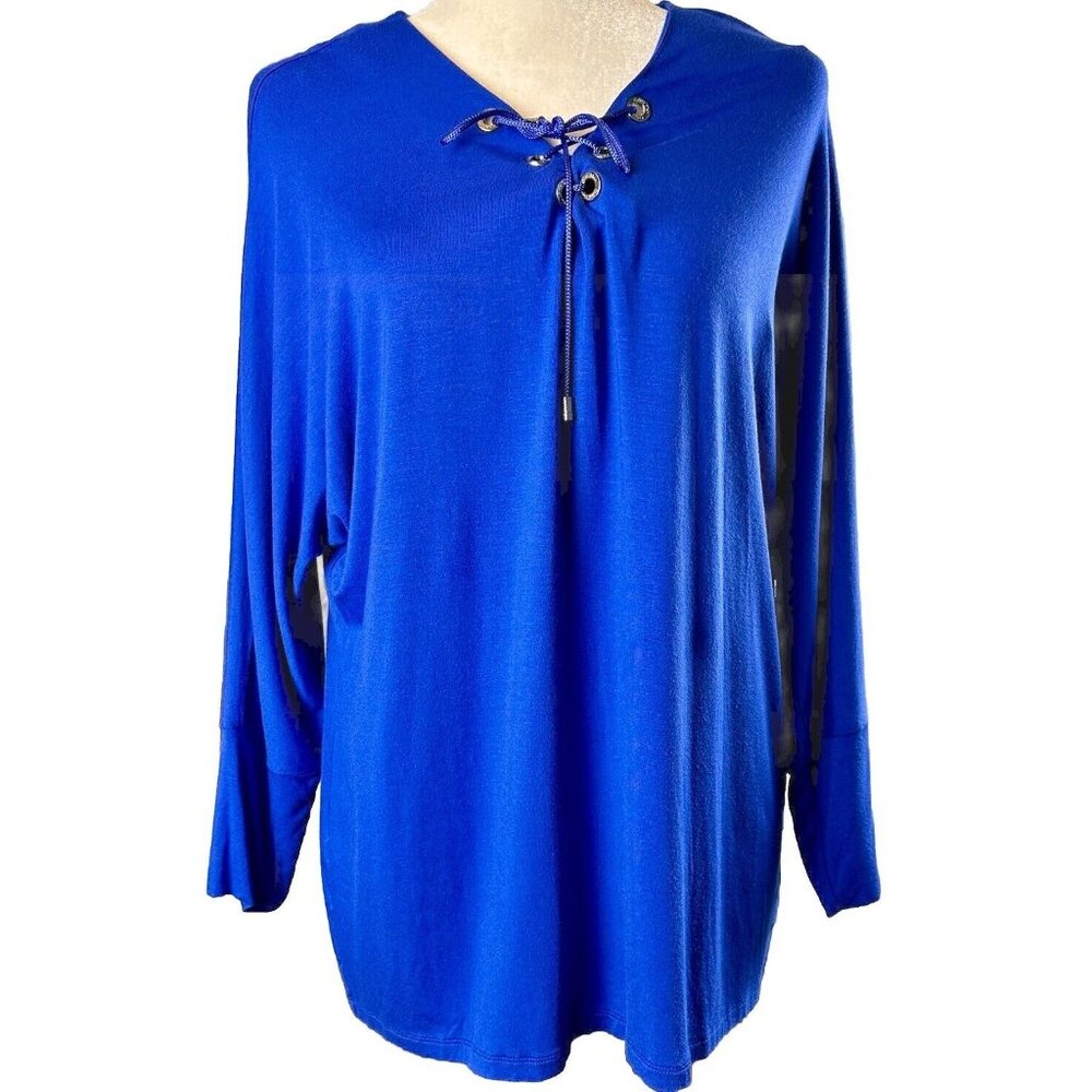 Calvin Klein Blouse Shirt Medium 3/4 Sleeve Pullover V-Neck Lace Up Rayon Soft!